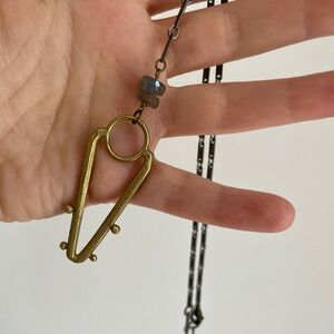 Unique Abstract Lariat Necklace Geometric Pendant Brass Tone Beads